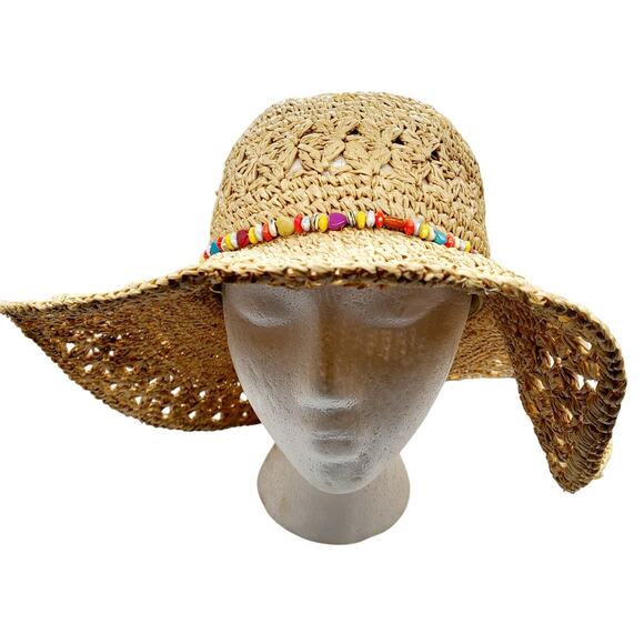 Coastal Headwear Tan Beaded Multicolored Packable Floppy Straw Hat Size Small - Picture 1 of 11